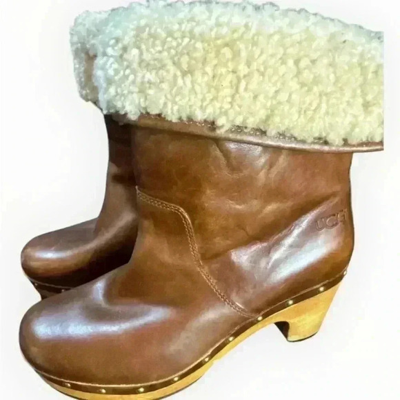 UGG Australia 1958 Brown Leather Fold Over Sheepskin Boots Womens - Picture 6 of 9